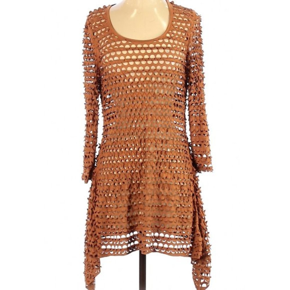 Linea Domani Sheer Brown Micro Suede Laser Cut Oversized Asymmetrical Tunic Sz S
